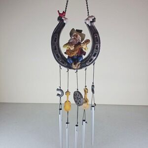 Rustic Western Santa Cowboy with Guitar Resin Horse shoe wind chime wagon wheel